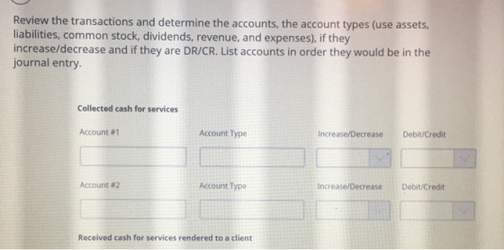 Review the transactions and determine the accounts, the account types (use assets, liabilities, common stock, dividends, reve