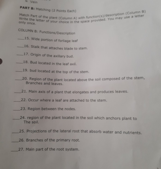 Write the letter of your choice in the space provided. You may use a letter Match Part of the plant (Column A) with function(