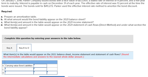 Un January 1, 2018, Parker Company issued bonds with a face value of $53,000, a stated rate of interest of 11 percent, and a