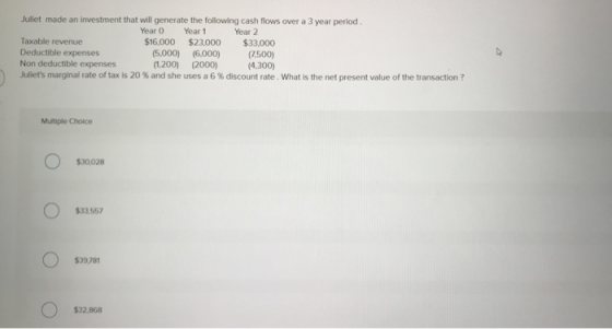 Jullet made an investment that will generate the following cash flows over a 3 year period. Year 0 Year 1 Year 2 Taxable reve