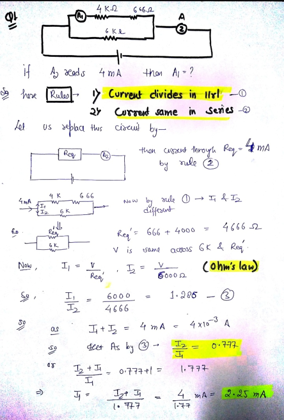 4K2 666.2 Q4 6ke 4 MA then A1 = ? if A reads & here Rules vy Current divides in die Current same in series - het US seplace t