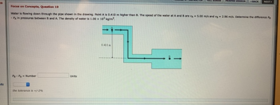 Focus on Concepts, Question 19 Water towing down through the pipe shown in the drawing Port A 0.410 m higher than B. The spee