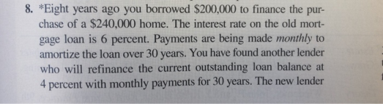 8. *Eight years ago you borrowed $200,000 to finance the pur- chase of a $240,000 home. The interest rate on the old mort- ga