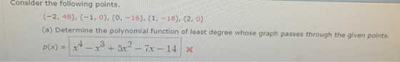 Consider the following points. (a) Determine the polynomial function of least degree whose graph passes through the given points.