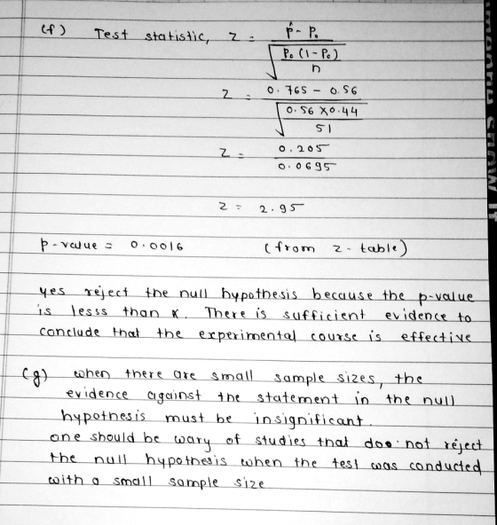 f-P. Po (1-Po) Test statistic, O. S6 O. 765 - O. S6 X0.44 51 0. 205 O. 0695 2.95 þ- value s 2- table) (from yes reject the nu