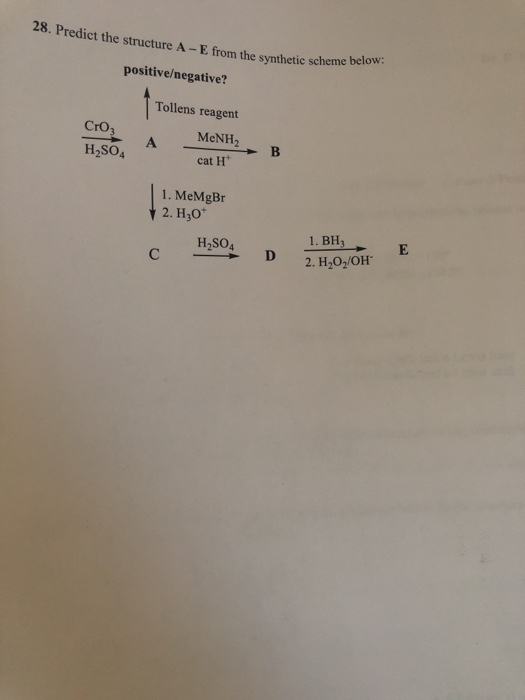 20. Predict the structure A-E from the synthetic scheme beto positive/negative? Tollens reagent Cro, MeNH H2SO A - B cat H 1.