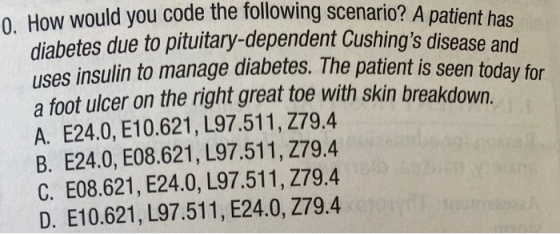 10. How would you code the following scenario? A patient has diabetes due to pituitary-dependent Cushings disease and uses i
