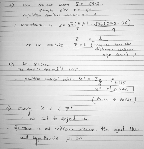 Here Sample Mean x = 29.2. sample size n = 25. population standard deviation os 4 Test statistic is z= Vu (³-M) -√25 (29.2-30