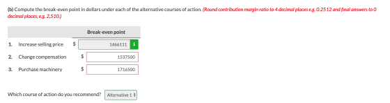 (b) Compute the break-even point in dollars under each of the alternative courses of action. (Round contribution margin ratio