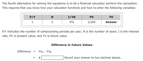 The fourth alternative for solving the equations is to let a financial calculator perform the calculation. This requires that you know how your calculator functions and how to enter the following variables: I/YR 9% P/Y PV FV 2,000 Answer P/Y indicates the number of compounding periods per year, N is the number of years, I is the interest rate, PV is present value, and FV is future value Difference in Future Values Difference = FVx_FVA Round your answer to two decimal places.