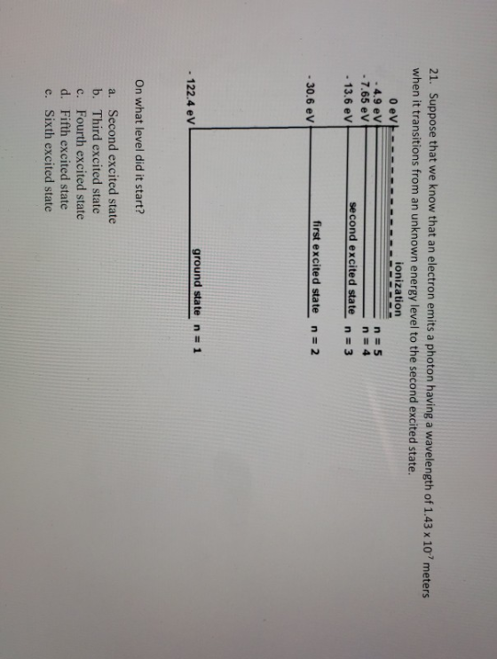 21. Suppose that we know that an electron emits a photon having a wavelength of 1.43 x 107 meters when it transitions from an