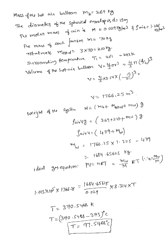 Mass of the hot air balloom my=269 kg The diameter of the spherical envelop is d= 15m The molar man of air is M = 0.029 8g/m3