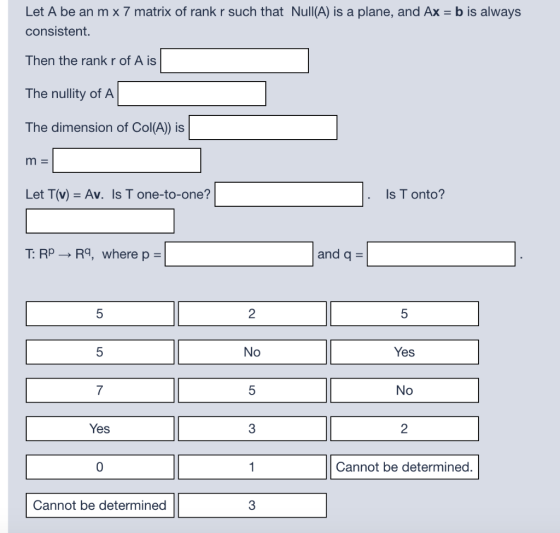 Let A be an m x 7 matrix of rank r such that Null(A) is a plane, and Ax = b is always consistent. Then the rank r of A is The