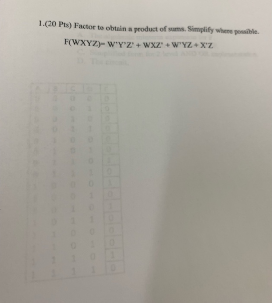 1.(20 Pts) Factor to obtain a product of sums. Simplify where possible. F(WXYZ)- WYZ +WXZ + WYZ+XZ 0 0