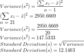 Variance(s?) = ? n -1 xi - 5)2 = 2950.6669 n = 21 2950.6669 Variance(s) = 20 Variance(s?) = 147.5333 Standard Deviation(s) =