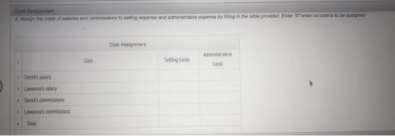 Cost Assignment 2. Assign the costs of salaries and commissions to soling expense and administrative expense by illing in the