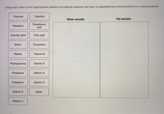 Drag each label to the appropriate position to indicate whether the item is classified as a micronutrient or a macronutrient.