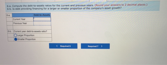 6-a. Compute the debt-to-assets ratios for the current and previous years. (Round your answers to 2 decimal places.) 6-b. Is
