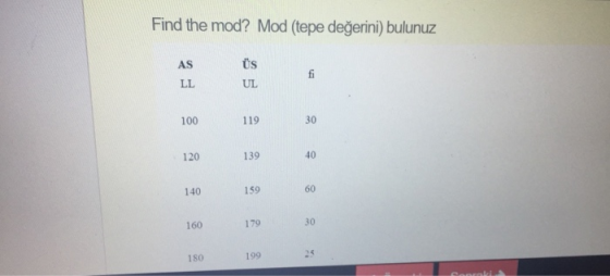 Find the mod? Mod (tepe değerini) bulunuz AS Us fi LL UL 100 119 30 120 139 40 140 159 60 160 179 30 180 199 25