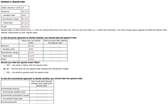 Question 1: Special order Sales volume in units 90 Revenue $6,300 Variable costs $900 Contribution margin $5,400 Fixed costs