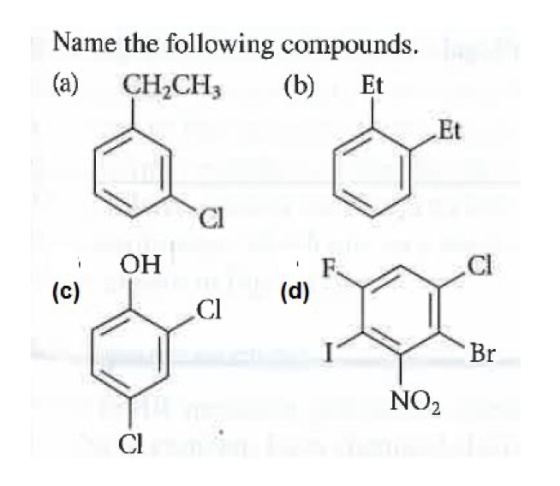 Name the following compounds. (a) CH.CH (b) Et Ει СІ OH F. CI (c ) (d) CI Br NO2 CI