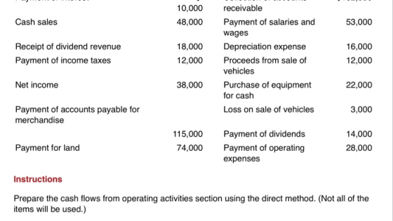 10,000 48,000 Cash sales 53,000 Receipt of dividend revenue Payment of income taxes 18,000 12,000 receivable Payment of salar