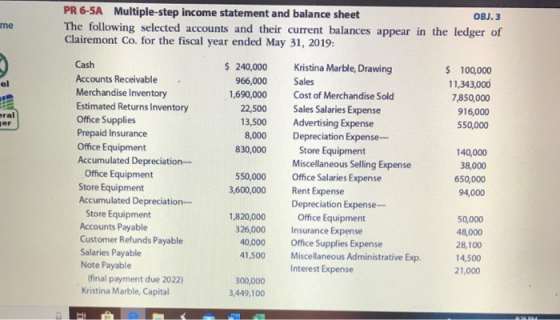 me PR 6-5A Multiple-step income statement and balance sheet OBJ. 3 The following selected accounts and their current balances