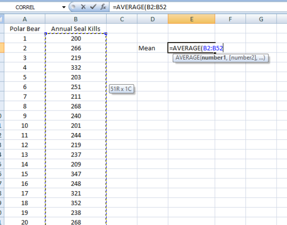 CORREL Polar Bear X fx =AVERAGE(B2:B52 C D F G Annual Seal Kills 200 266 |=AVERAGE(B2:352 219 AVERAGE(number1, [number2], ...