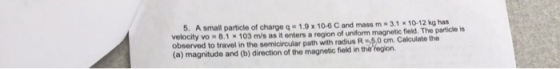 5. A small particle of velocity vo-8.1 × 103 m/s asit enters a region of uniform magretic field. The particle is observed to travel in the semicircular path with radius R 5.0 cm. Cakculate the (a) magnitude and (b) direction of the magnetic fleld in the region charge q-1,9 x 10-6 C and mass m 3.1x10-12kg has