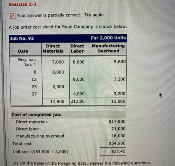Exercise 2-3 Your answer is partially correct. Try again. A job order cost sheet for Ryan Company is shown below. Job No. 92