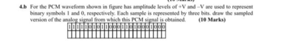 .b For the PCM waveform shown in figure has amplitude levels of +V and-V are used to represent binary symbols 1 and 0, respectively. Each sample is represented by three bits. draw the sampled version of the analog signal from which this PCM signal is obtained. 10 Marks)