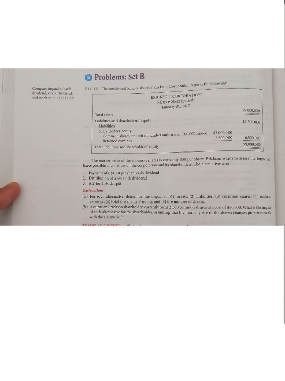 Problems: Set B Compare impact of cash dividend, stock dividend, and stock split. (LO 1) AP P14-IB The condensed balance shee