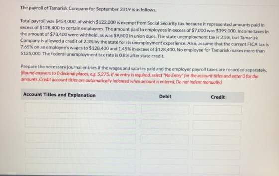 The payroll of Tamarisk Company for September 2019 is as follows. Total payroll was $454,000, of which $122,000 is exempt fro
