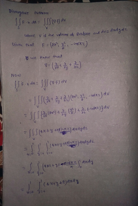 Divergence theorem V SSF in da = ISS (GF) dv where viss the volume of surbace and dv=dudydz - COBAZ) Given that F = (2012, y