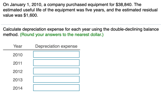 On January 1, 2010, a company purchased equipment for $38,840. The estimated useful life of the equipment was five years, and