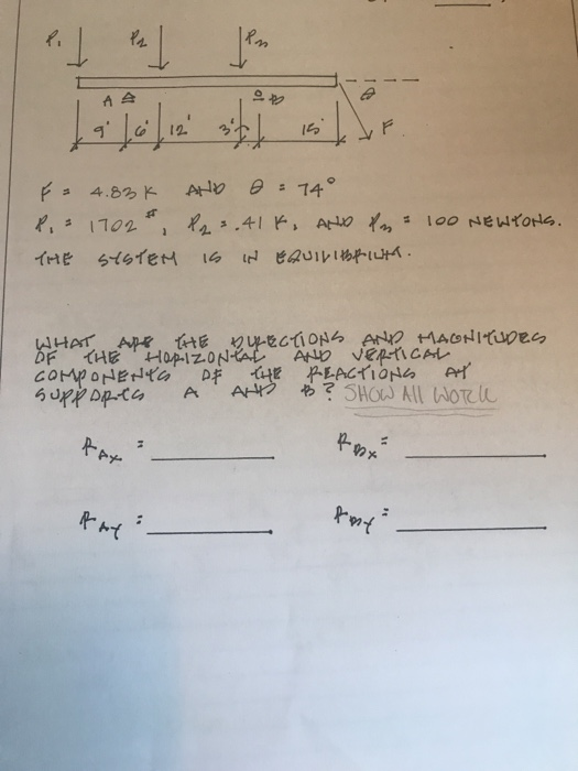 l piano Hola som F = 4.83K AND 0:74° R,= 1702*, Rz 3.41*, AND Im= 100 NEWTONS. THE SYSTEM IS IN EQUILIBRILHA. WHAT ARE THE DY