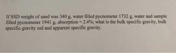 If SSD weight of sand was 340 g, water filled pycnometer 1732 g, water and sample filled pycnometer 1941 g, absorption 2.4%;