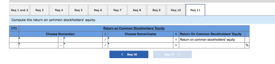 Req 6 Req 1 and 2 Req 7 Reg 3 Req 4 Req 5 Req 8 Req 9 Req 10 Req 11 Compute the return on common stockholders equity. Return
