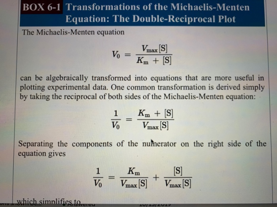 BOX 6-1 Transformations of the Michaelis-Menten, Equation: The Double-Reciprocal Plot The Michaelis-Menten equation Vmax [S]