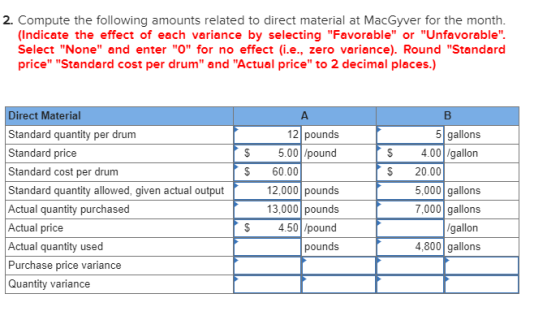 2. Compute the following amounts related to direct material at MacGyver for the month. (Indicate the effect of each variance