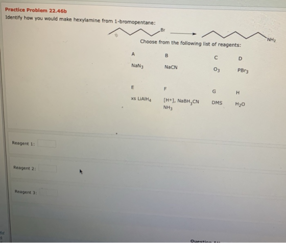 Practice Problem 22.46b Identify how you would make hexylamine from 1-bromopentane: Br Choose from the following list of reag