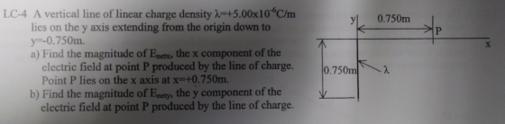 LC-4 A vertical line of linear charge density λ 5.00x10-6cm y 0.750m lies on the y axis extending from the origin down to y-0.750m. a) Find the magnitude of Eneto the x component of the electric field at point P produced by the line of charge. Point P lies on the x axis at x=+0.750m. 750m b) Find the magnitude of Enety, the y component of the electric field at point P produced by the line of charge.