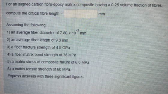 For an aligned carbon fibre-epoxy matrix composite having a 0.25 volume fraction of fibres, compute the critical fibre length