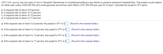 (NPV with varying required rates of return) Gubanich Sportswear is considering building a new factory to produce aluminum bas