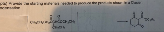 pts) Provide the starting materials needed to produce the products shown in a Clasien ndensation ၃ CH3CH2CH2CCHCOCH2CH3 CH2CH