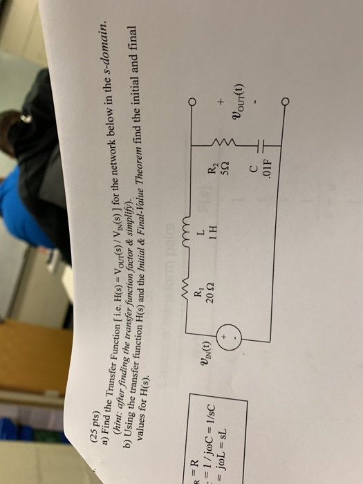 he tranyfer esour)/VNS) ] for the network below in the s-domain. transfer function factor& simplijy). (25 pts) a) Find the Tr