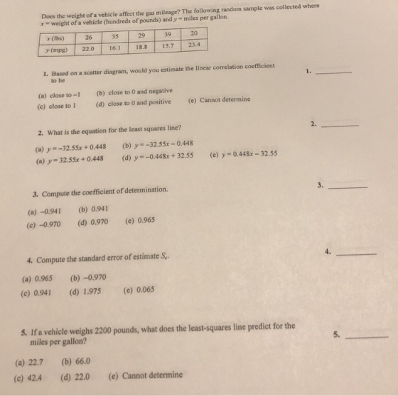 Does the weight of a vehicle affect the gas mileage? The following random sample was collected where weight of a vehicle (hun