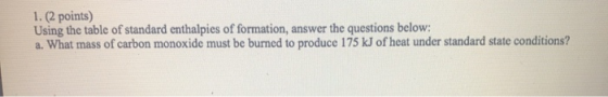 1. (2 points) Using the table of standard enthalpies of formation, answer the questions below: a. What mass of carbon monoxid