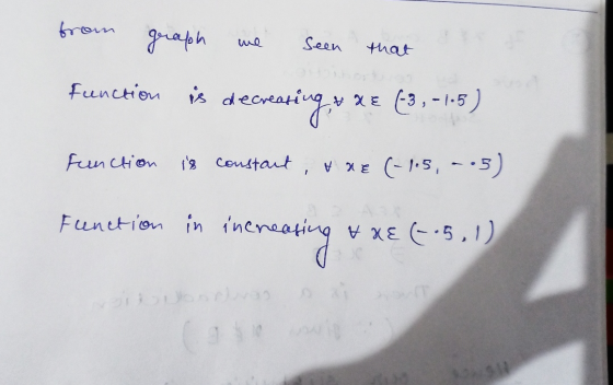 that from graph we seen that Function is decreasing & XE (-3,-1.5) Function is constant, tue (-1.5, a.5) Function in increasi