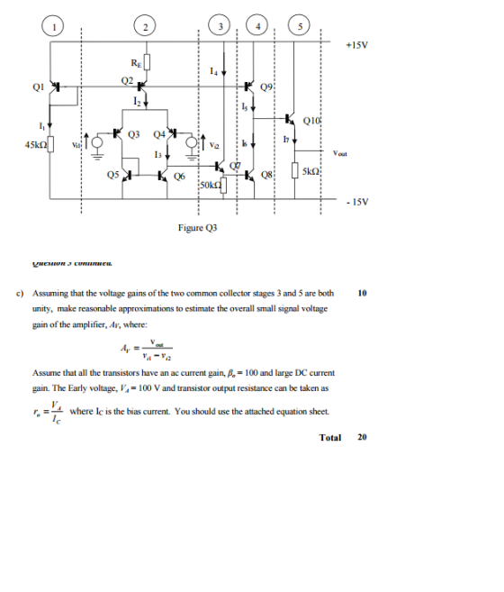 Q2 Q1 Q9! I3 Vout Q5 1B 5k2 15V Figure Q3 c) Assuming that the voltage gains of the two common collector stages 3 and 5 are both unity, make reasonable approximations to estimate the overall small signal voltage gain of the amplifier, Av, where: 10 Assume that all the transistors have an ac current gain, ?,-| 00 and large DC current gain. The Early voltage, V 100 V and transistor output resistance can be taken as ?,a where le is the bias current. You should use the attached equation sheet. Total 20